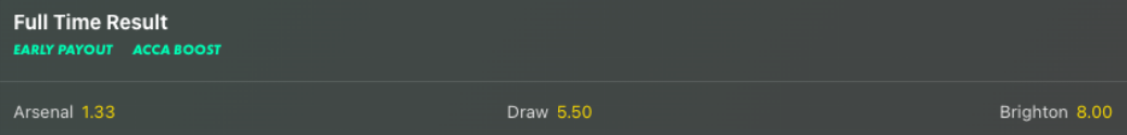 Bet365 Arsenal  v Brighton Match Result Screenshot